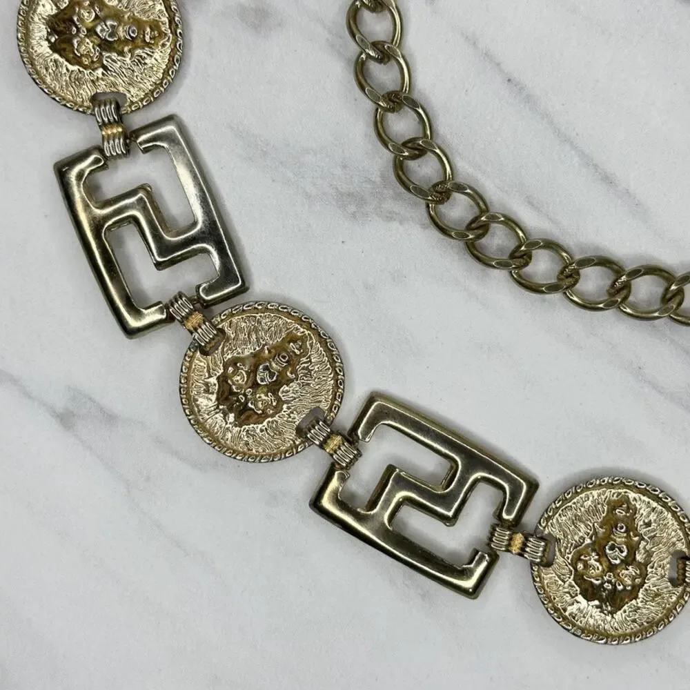 Vintage Gold Tone Greek Key Lion Head Medallion Chain Link Belt Small S Medium M